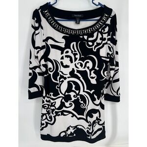 White House Black Market Black‎ White Scroll Print Embellished Tunic Top Mens M